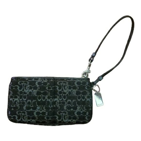 Coach Metallic Silver Black Signature C Metal Hangtag Zippered Canvas Wristlet - Picture 6 of 16